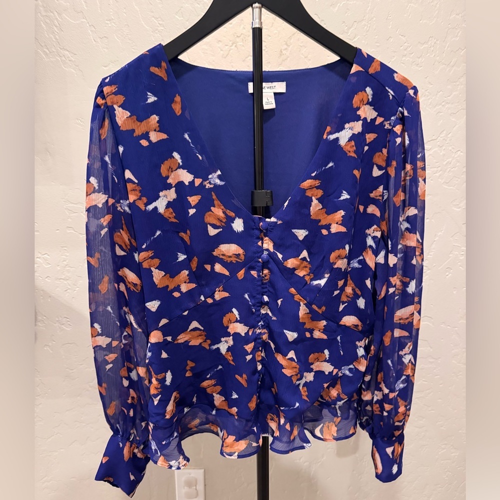 Nine West Royal Blue Floral-Print Button Front Blouse